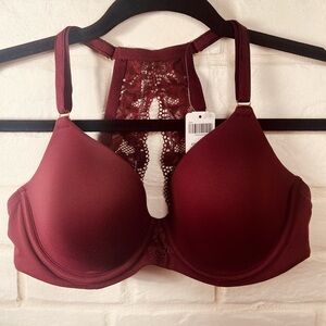 NWT Soma Embraceable Lace Underwire Lined Racerback Bra 34 C Fig maroon #0612